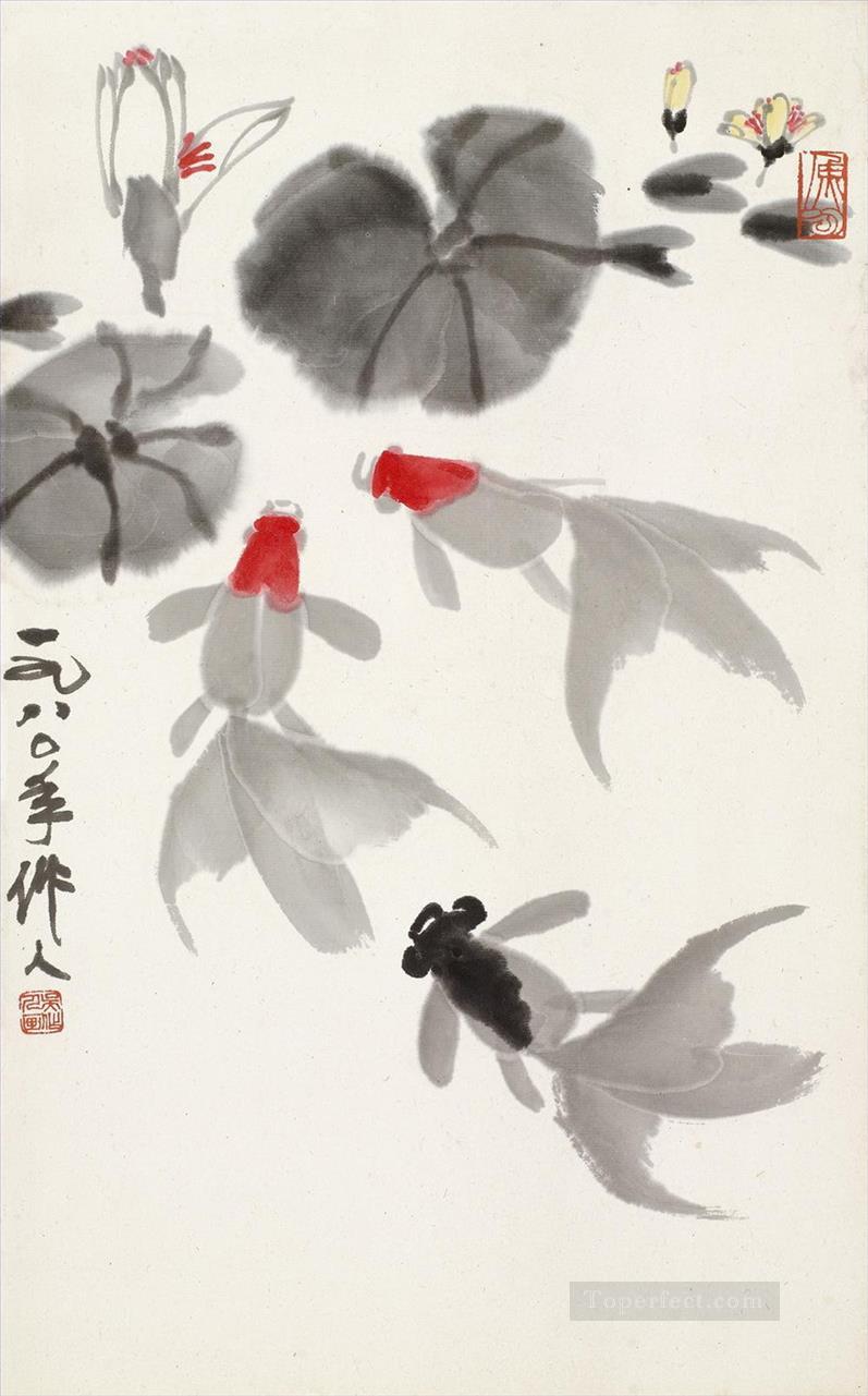Wu zuoren goldfishes 1980 old China ink Oil Paintings